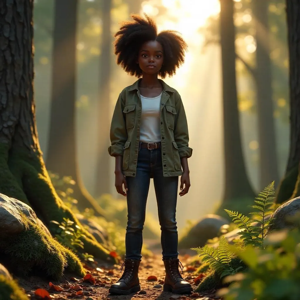 Forest Sojourn: 3D Render of a Young Black Woman
