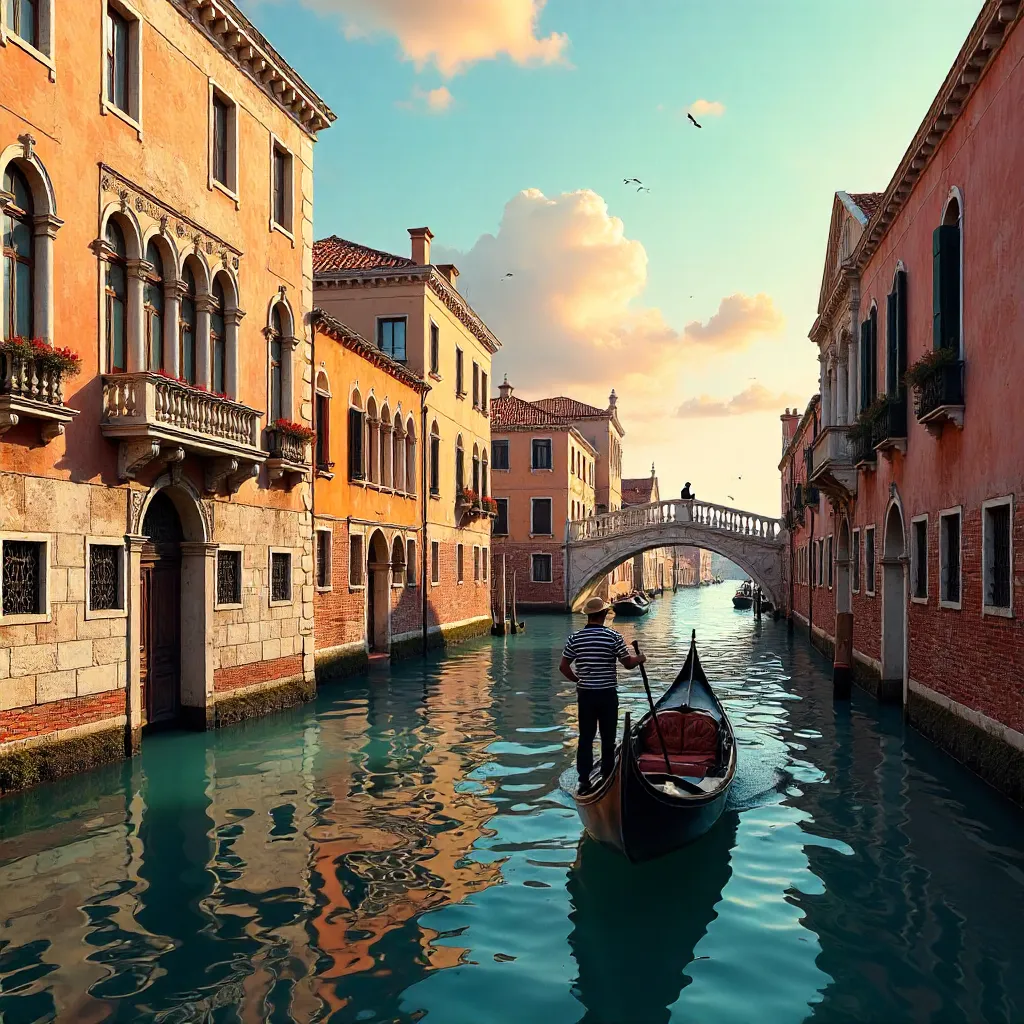 Golden Hour Venetian Canal with Gondola and Historic Facades