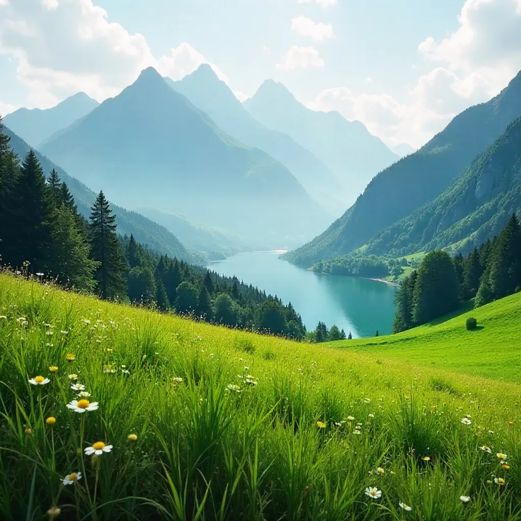 Mist-Kissed Mountains Over a Verdant Meadow