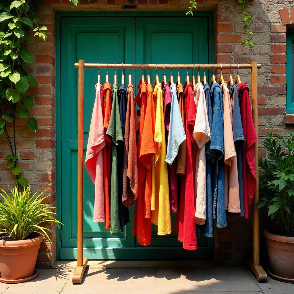 Vibrant Clothes on a Rustic Brick Wall with Teal Doors