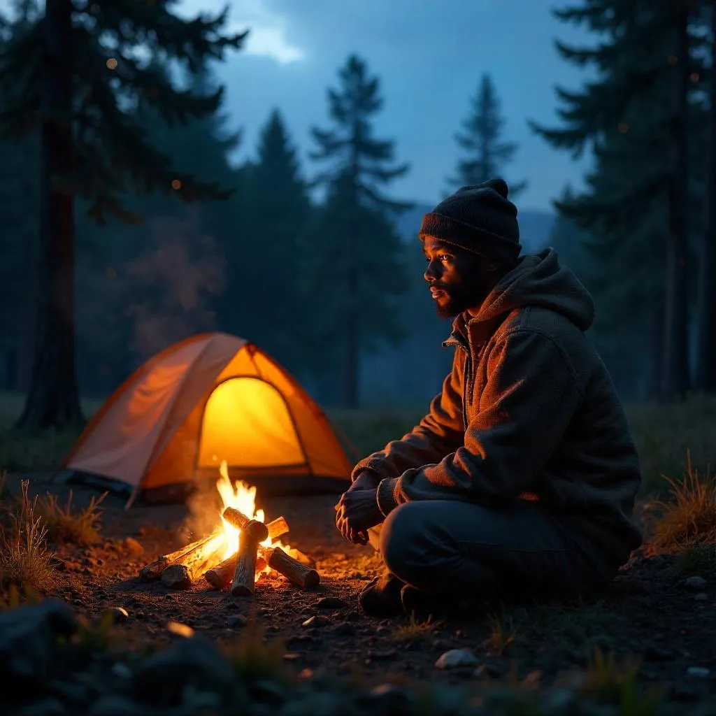 Photorealistic Young Black Man Camping at Dusk