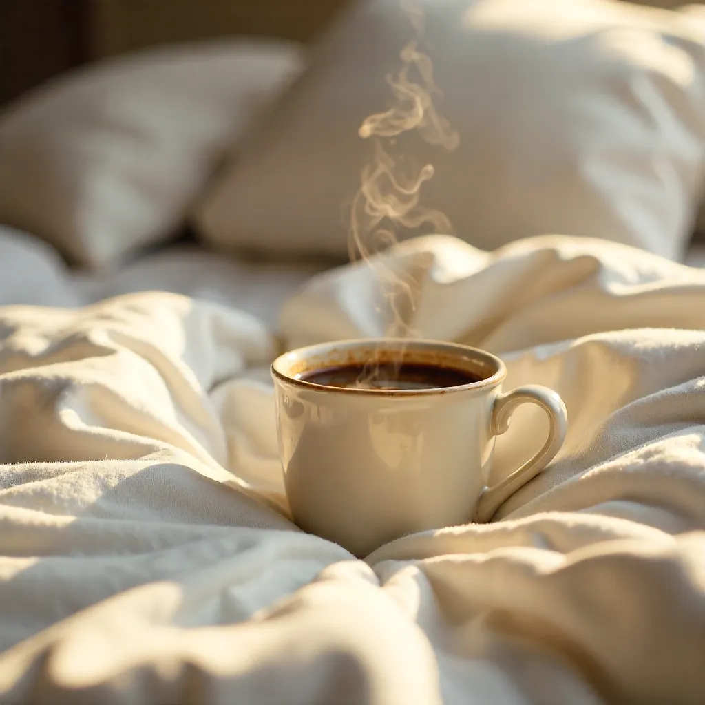 Cozy Coffee on a Soft White Bed