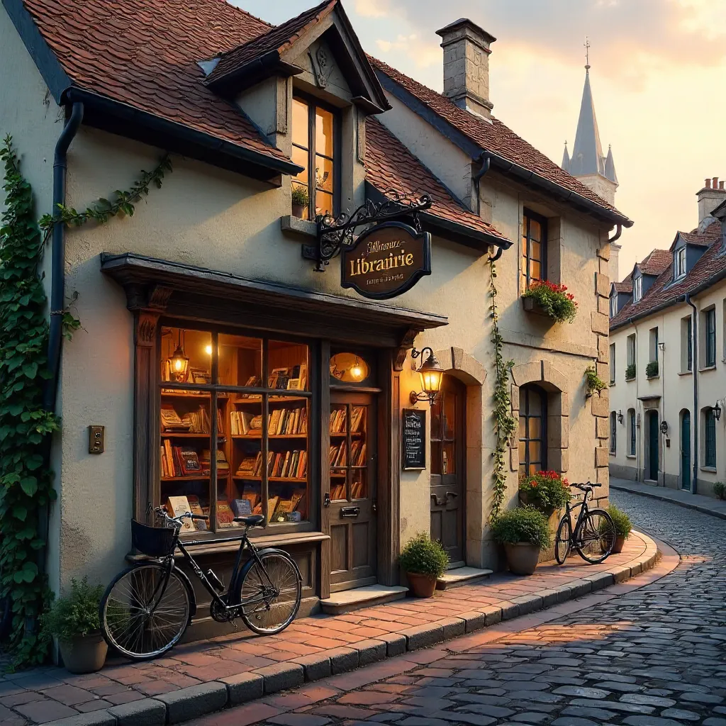 Quaint Clisson Bookshop Facade at Golden Hour