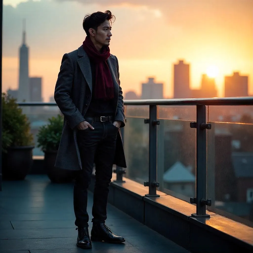 Cinematic Rooftop Portrait of a Stylish Asian Man
