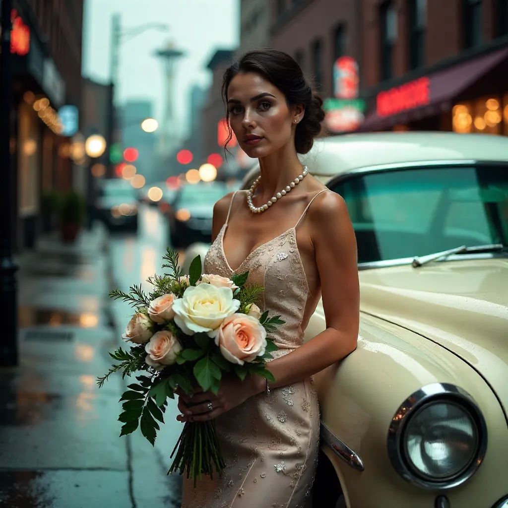 Elegant Woman with Bouquet by a Vintage Car in Seattle