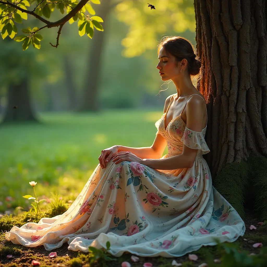 Under the Tree: Woman in a Floral Gown
