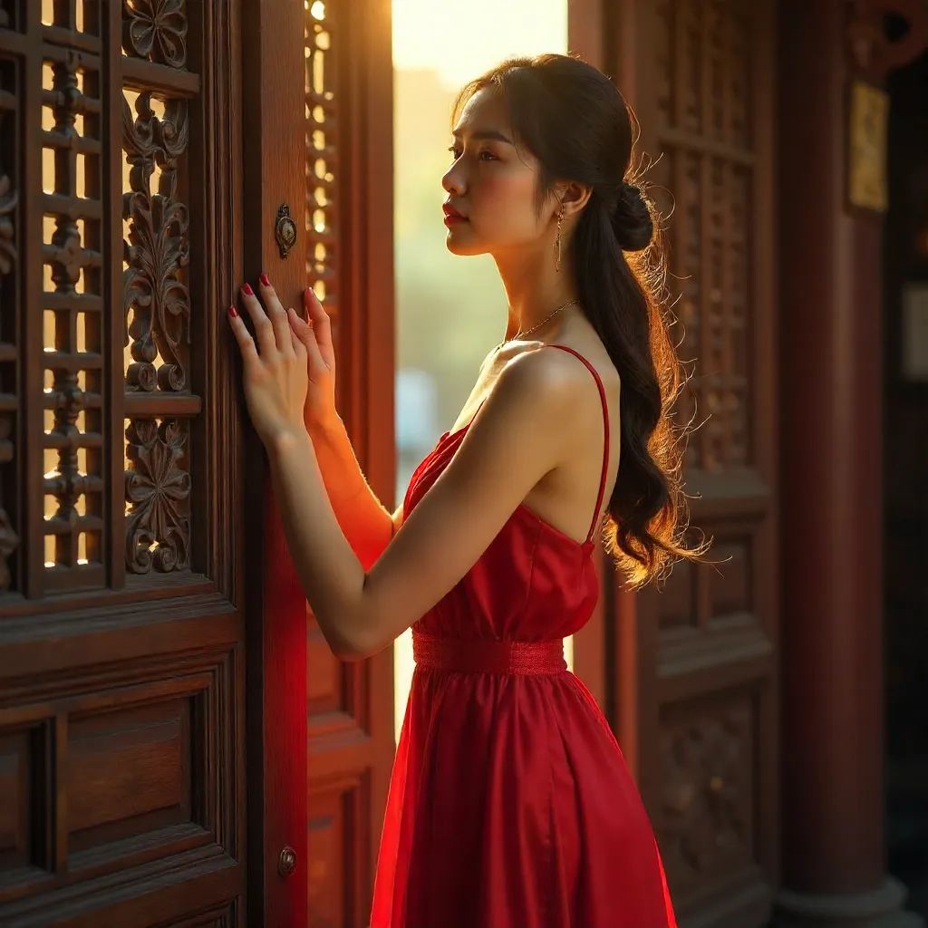 Asian Woman in Red Dress by Decorative Wooden Door