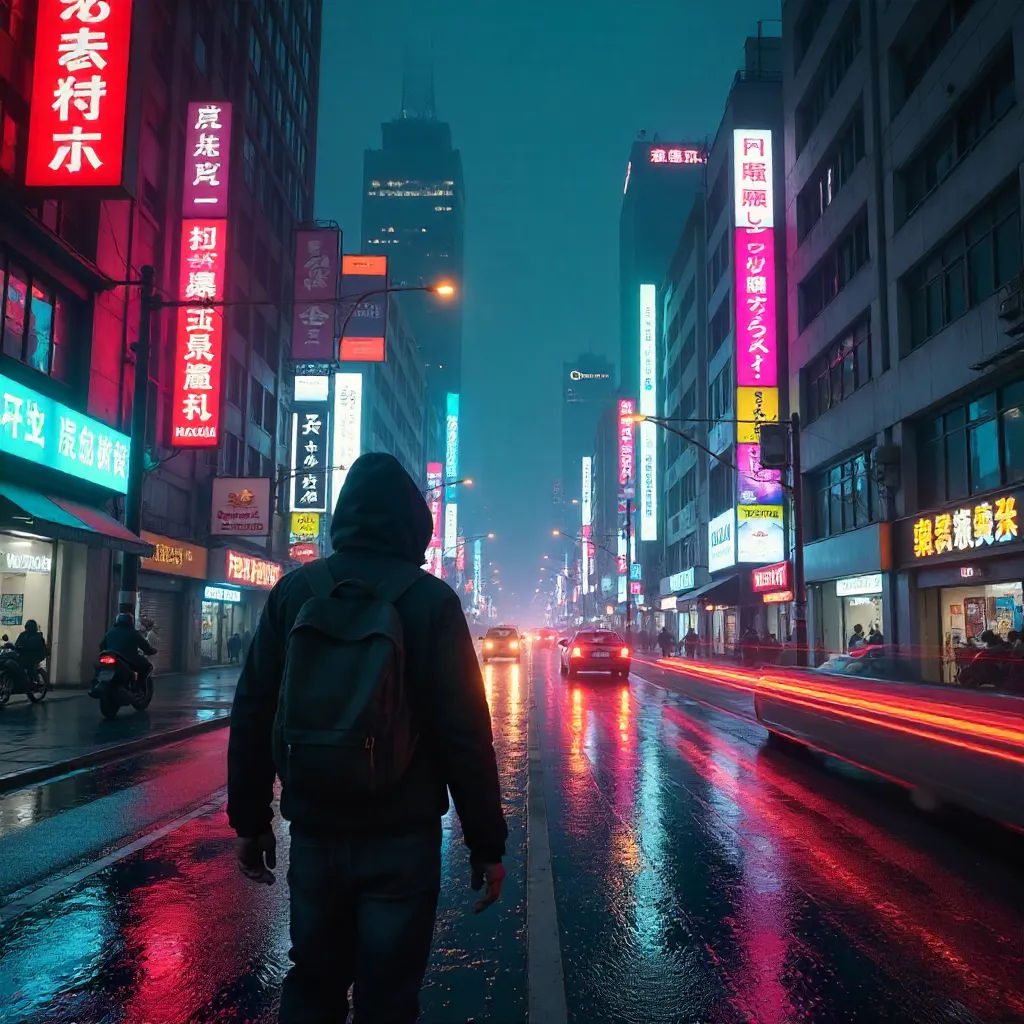 Neon Night Wanderer Through Bustling City Streets