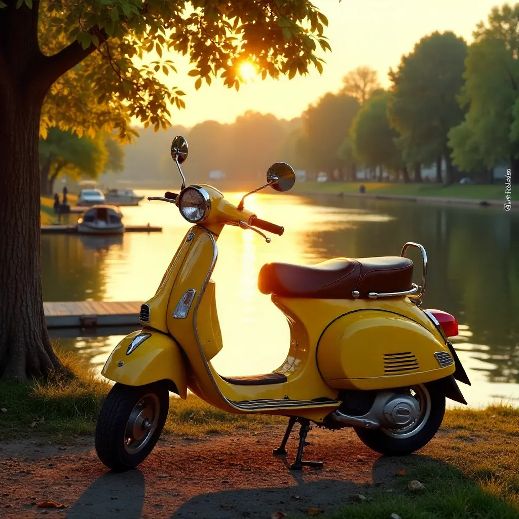 Vintage Yellow Scooter by the Sunset River