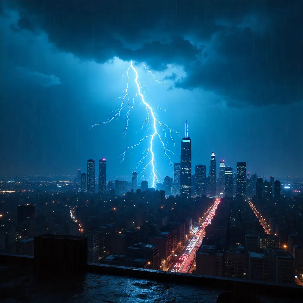 Lightning Strike Over a Dark City Skyline at Night