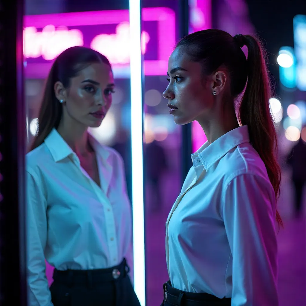 Neon Reflections: Urban Fashion in White