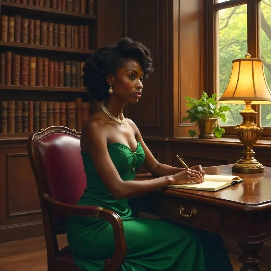 Elegant Black Woman in a Library - Oil Portrait
