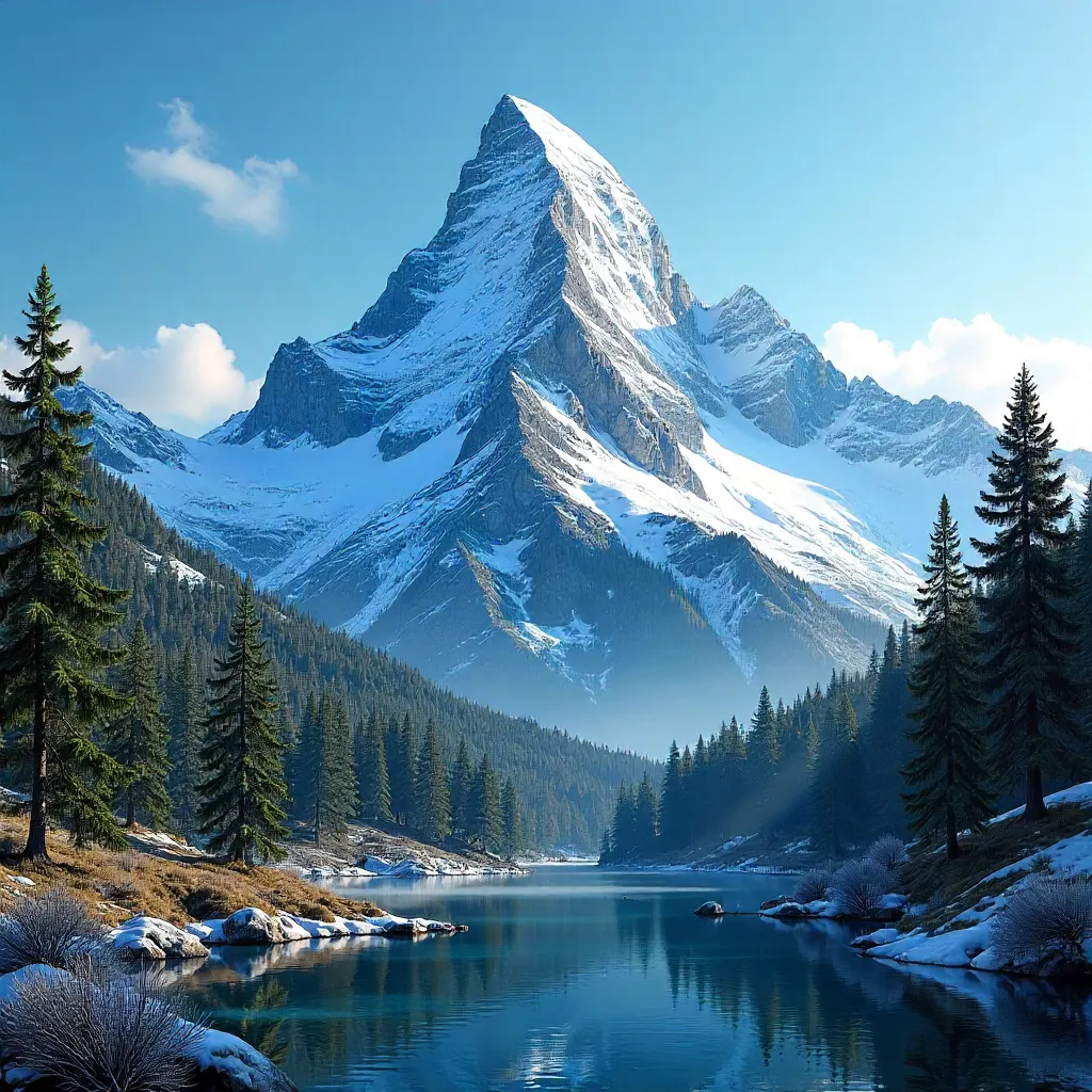 Snow-Capped Peak Over Dense Pine Forests