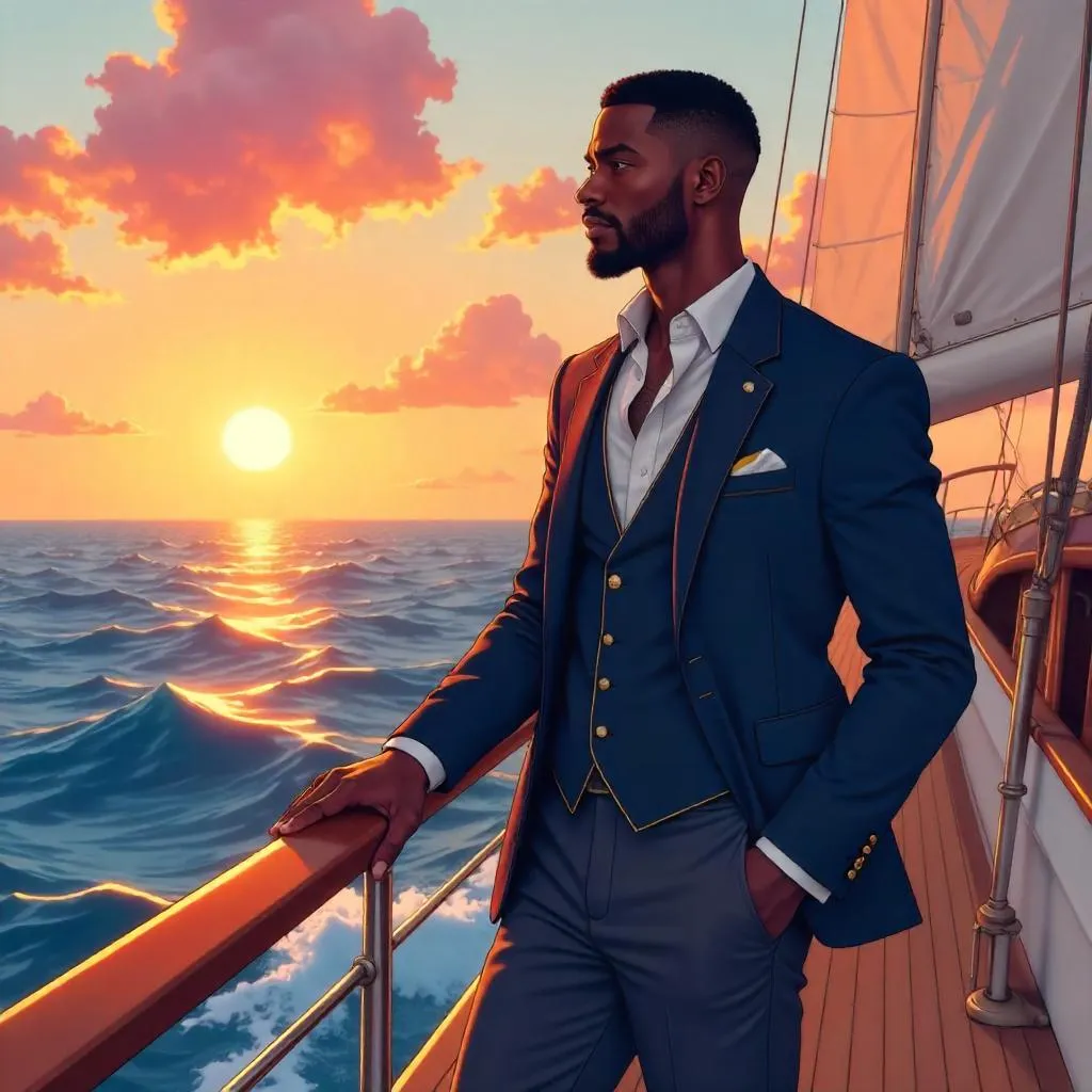Elegant Black Gentleman on a Yacht — Anime Portrait