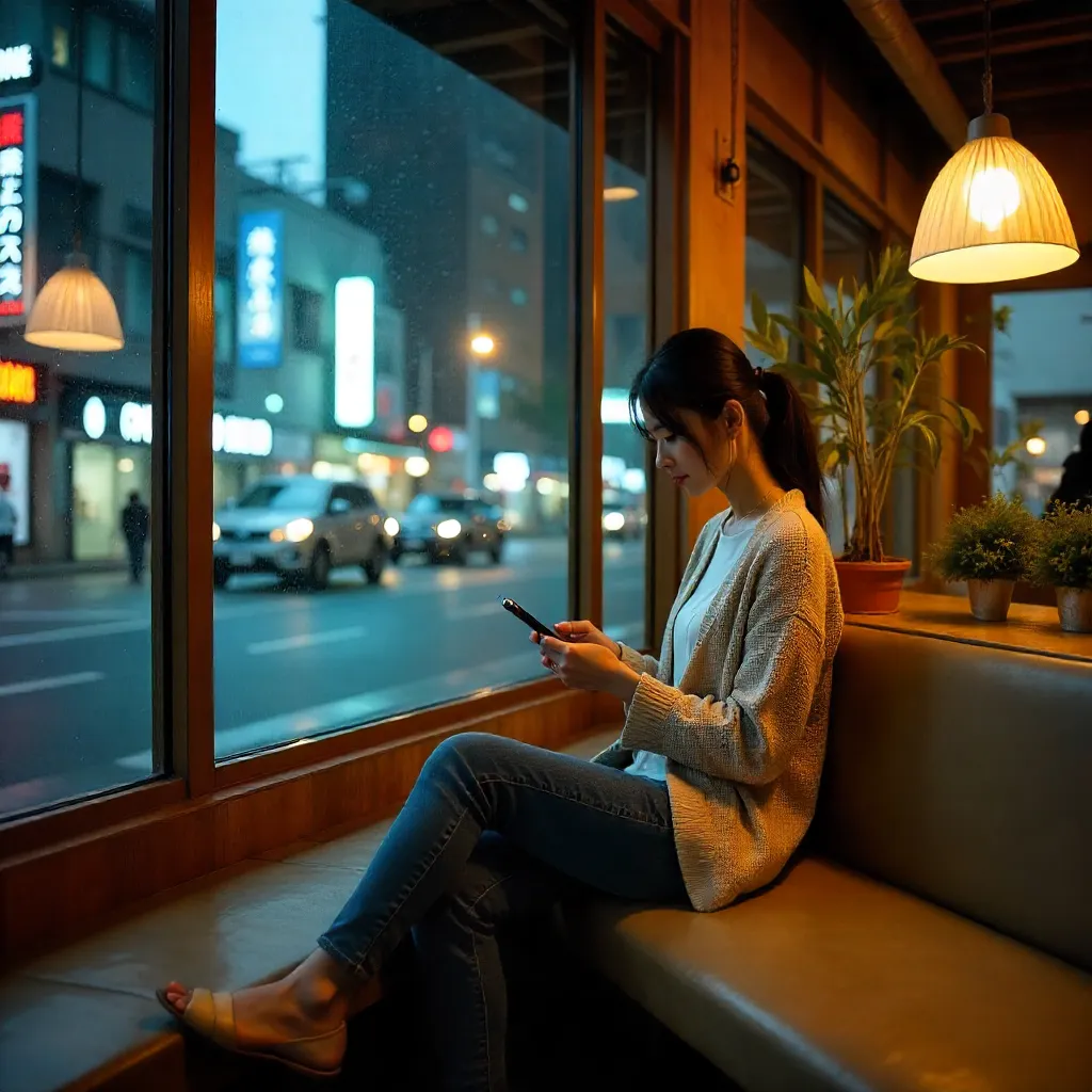 Tokyo Indoor Bench Moment: Woman on Smartphone