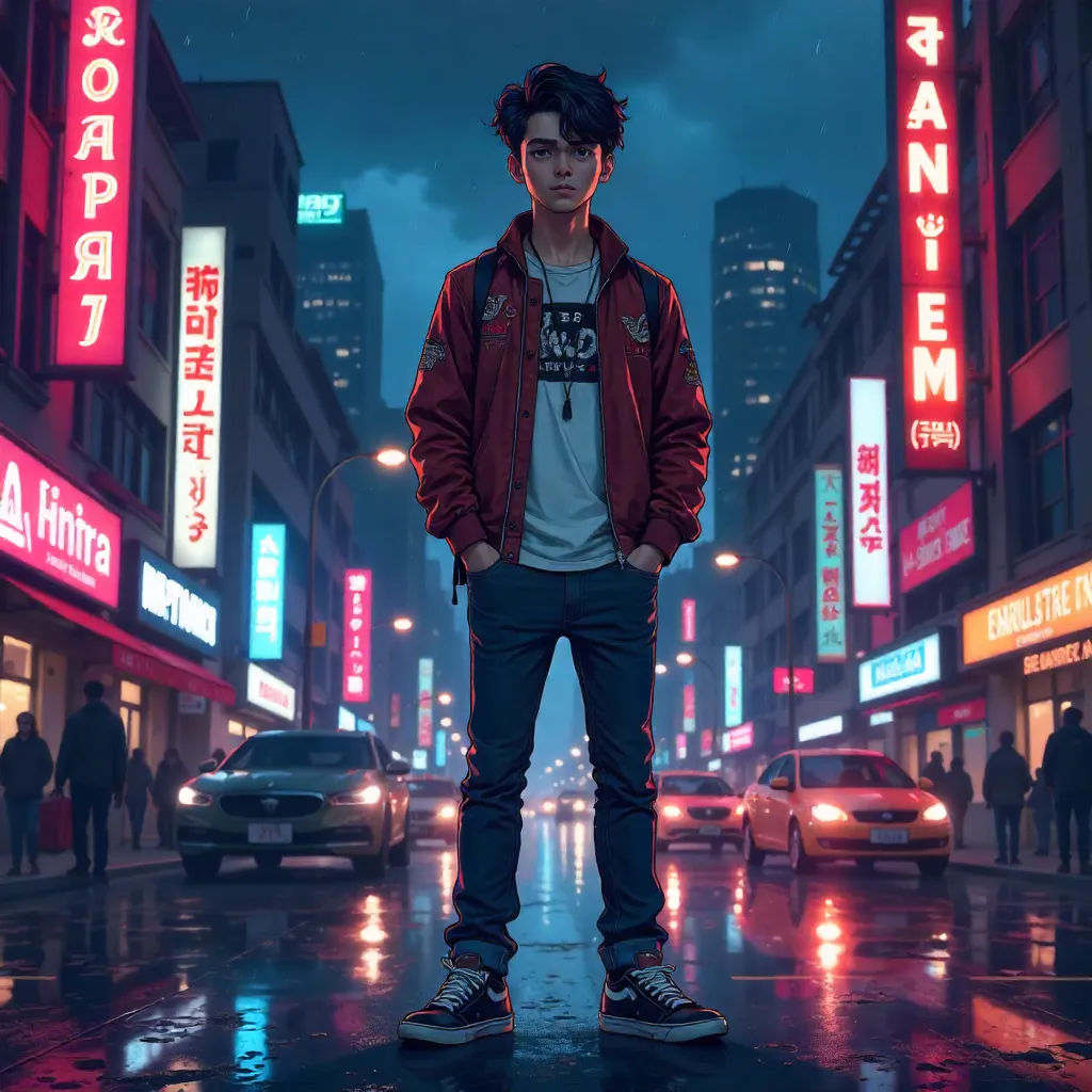 Neon City Nights: Anime-Style Indian Man