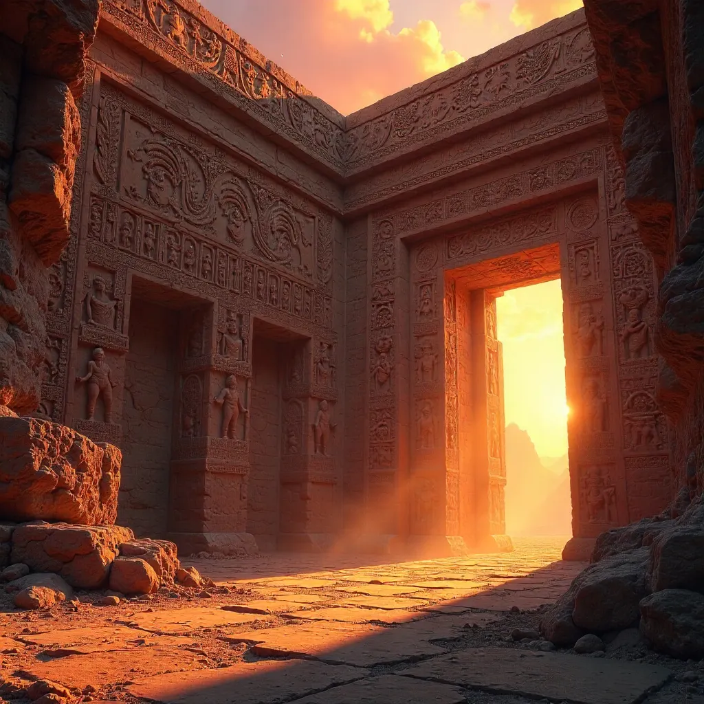 Sunset Carvings on Ancient Ruins