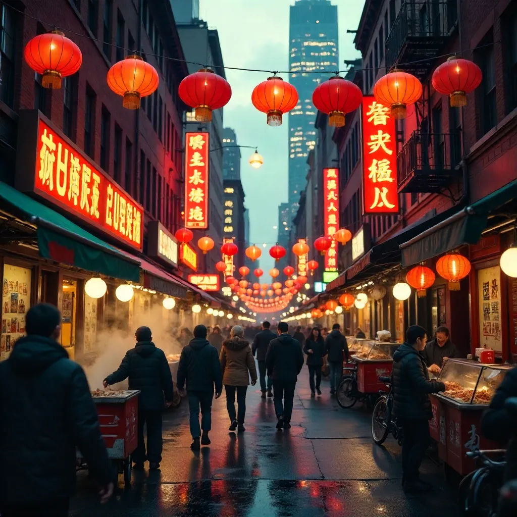Lanterns and Neon Signs Over NYC Chinatown