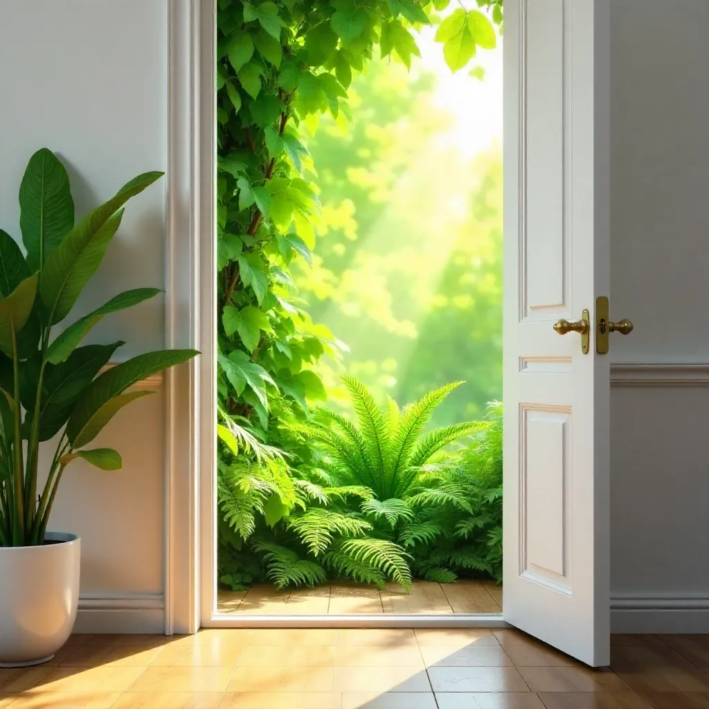 Partial White Door Framing Vibrant Green Foliage