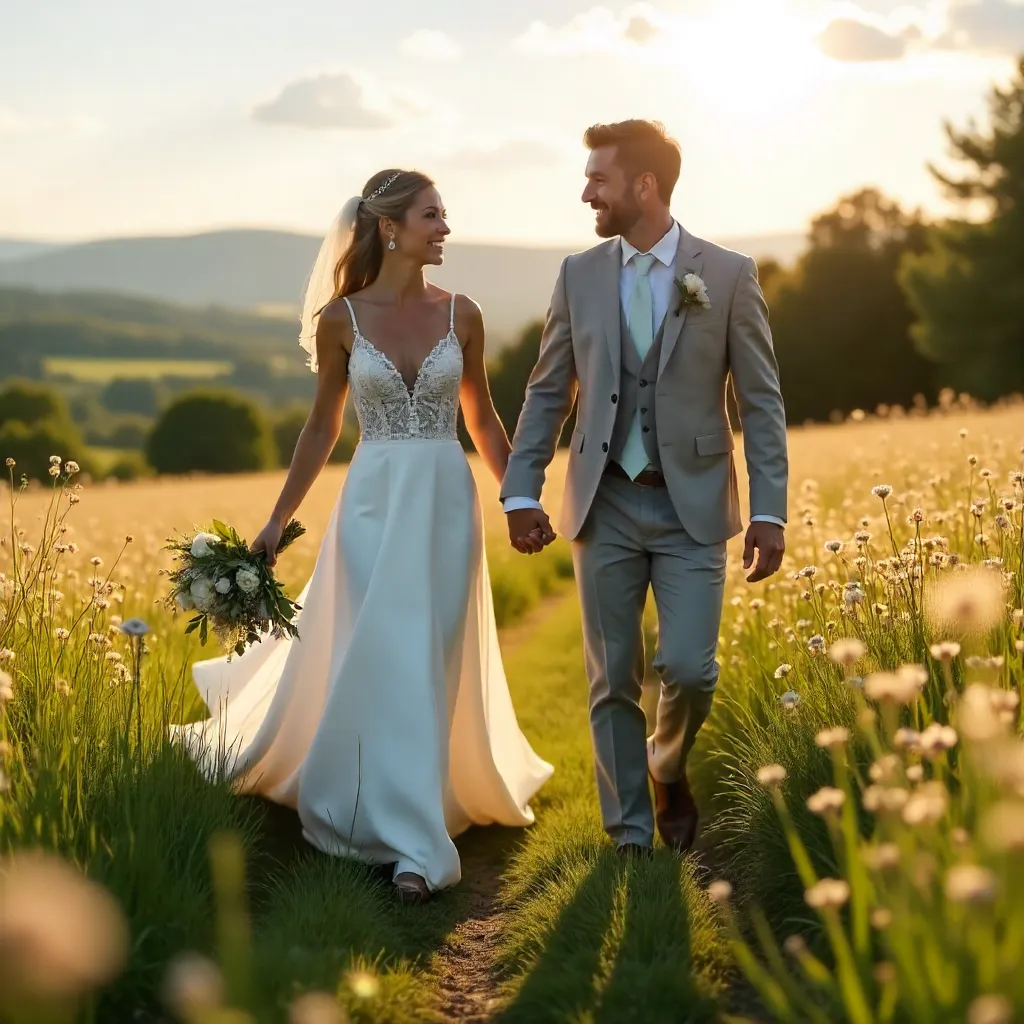 Sunlit Wedding Walk in a Bright Meadow