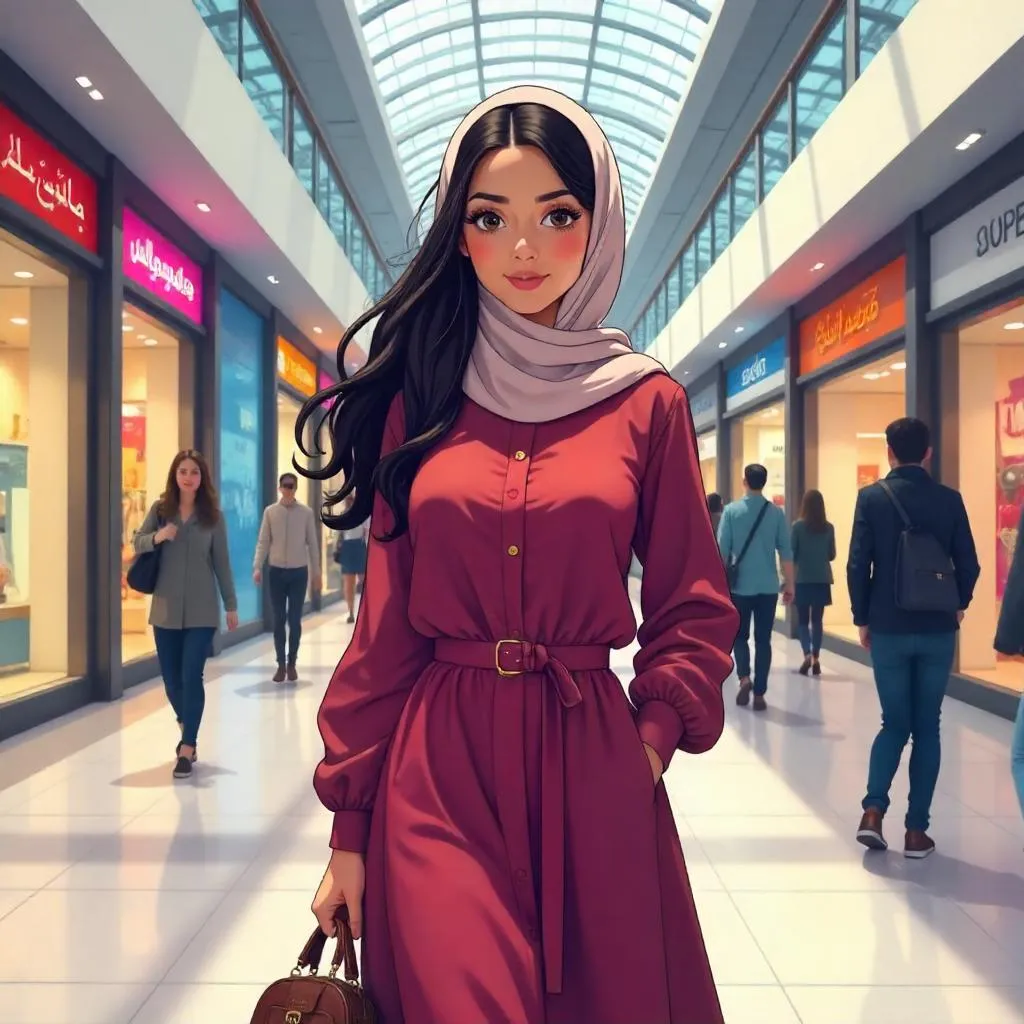 Anime Middle Eastern Beauty in a Bustling Mall