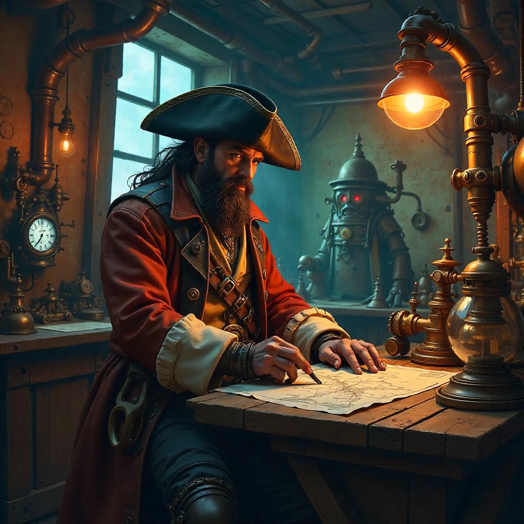 Pirate in a Steampunk Workshop: Brass and Gears