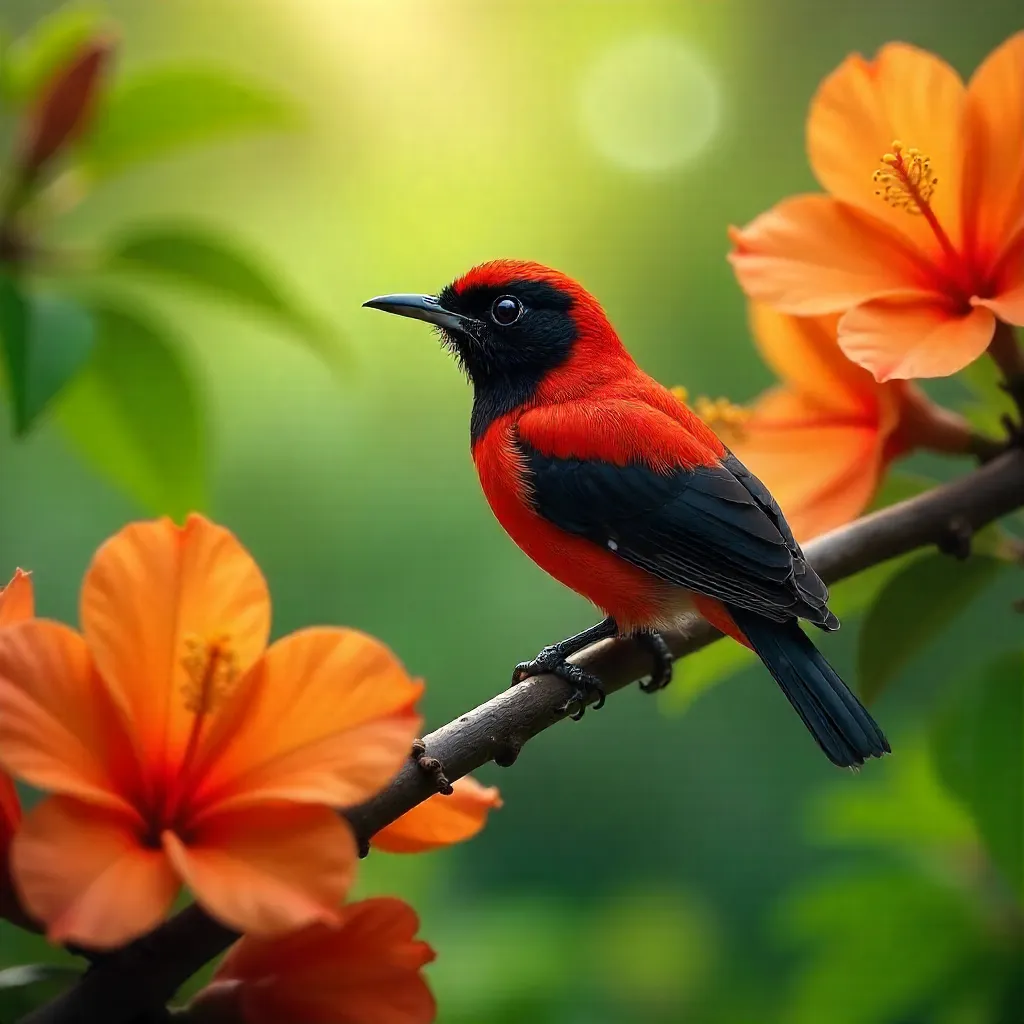 Scarlet-backed Flowerpecker Among Orange Blooms