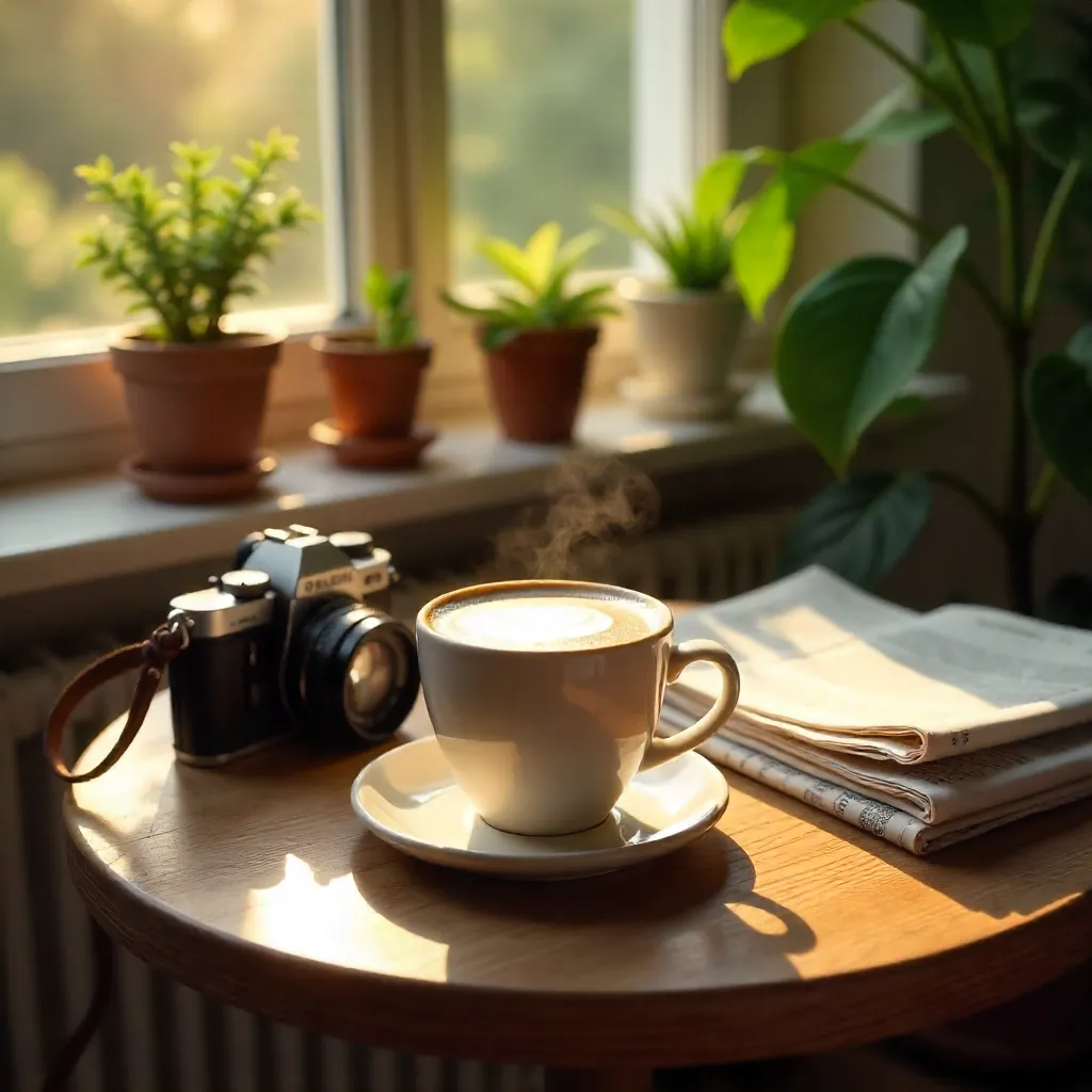 Cozy Morning Round Table: Latte, Camera, Newspaper, and Plants