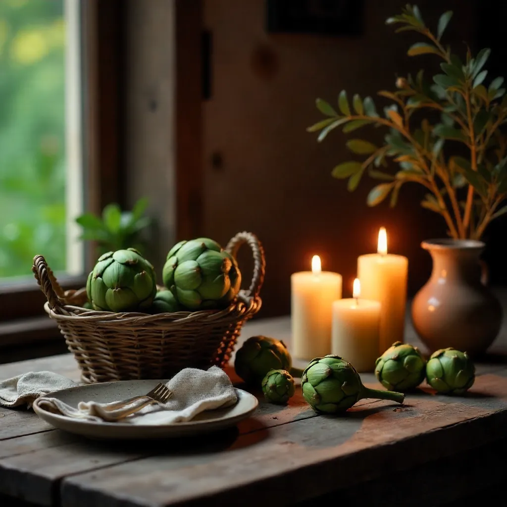 Rustic Table of Artichokes by Candlelight