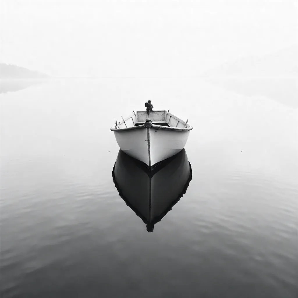 Elegant B&W Boat with Perfect Mirror Reflection
