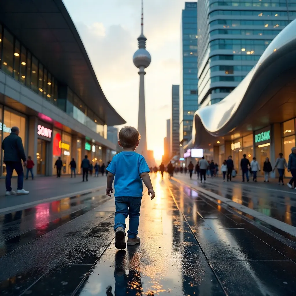 Blue-shirted child exploring Berlin's modern architecture