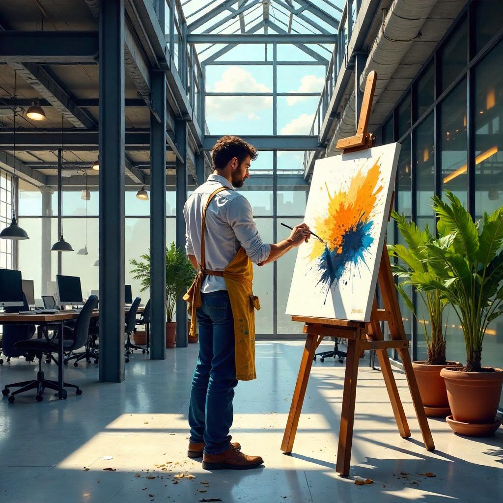 Oil Painting: An Artist in a Modern Office