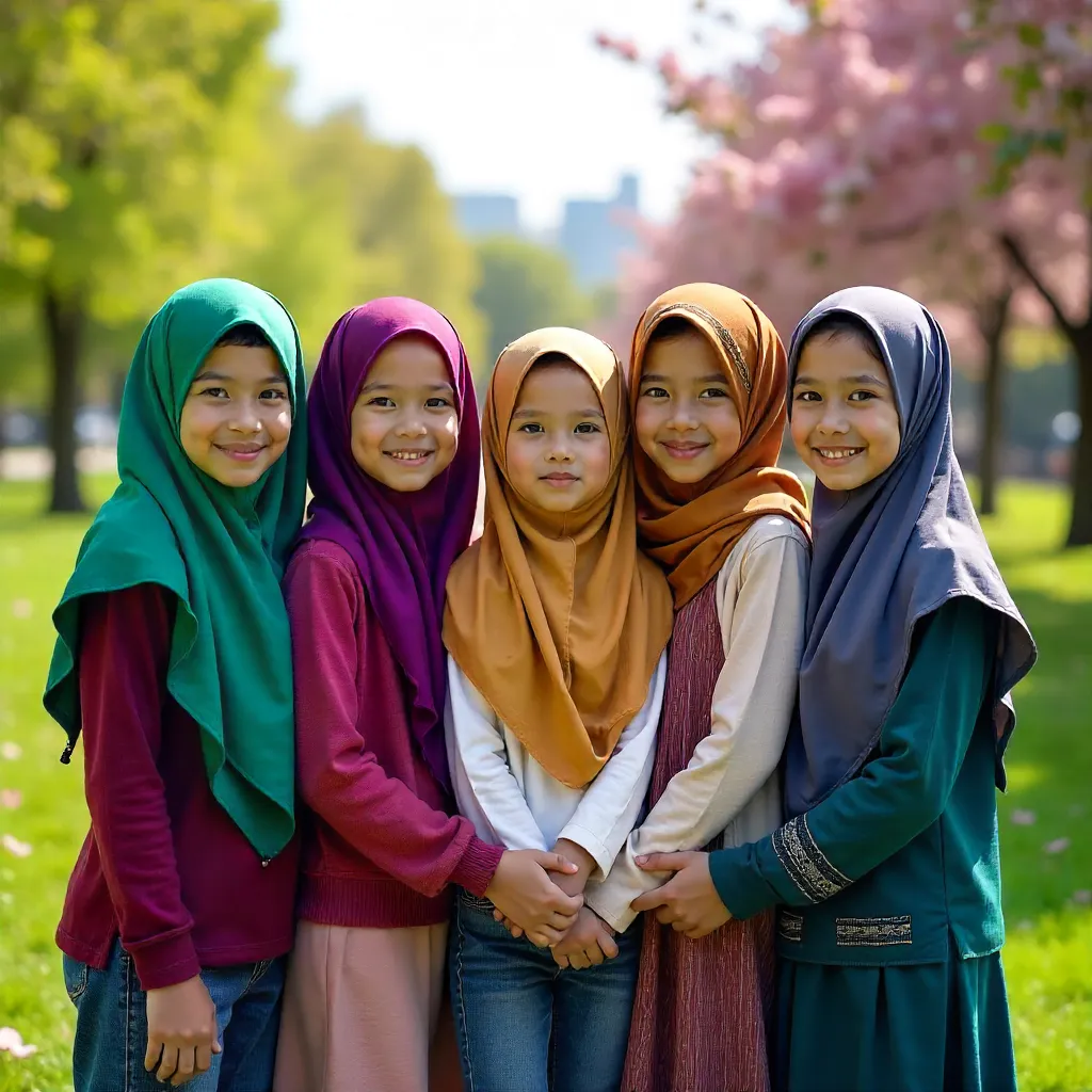 Diverse Girls in Colorful Hijabs Standing Together