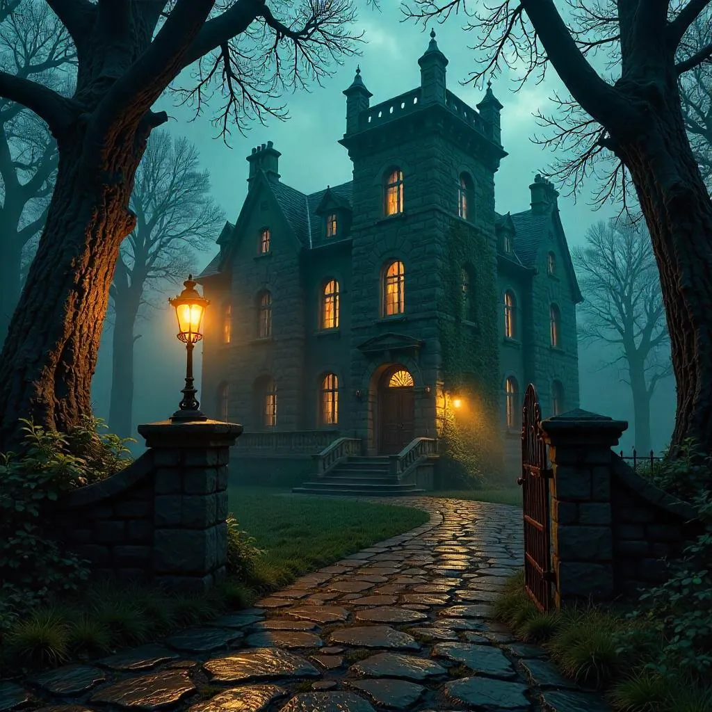 Moonlit Gothic Mansion in a Dark Forest