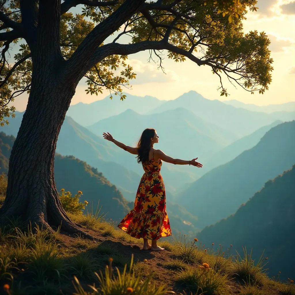 Patterned Dress Under Tree Overlooking Mountains