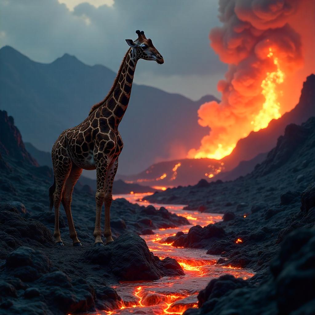 Giraffe by a Flowing Lava Stream