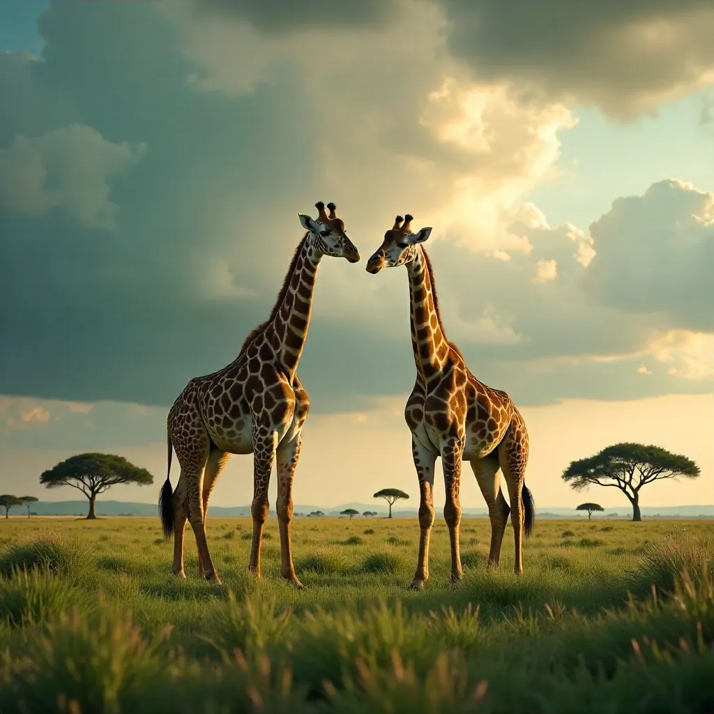 Two Giraffes Under Dramatic Cloudy Sky