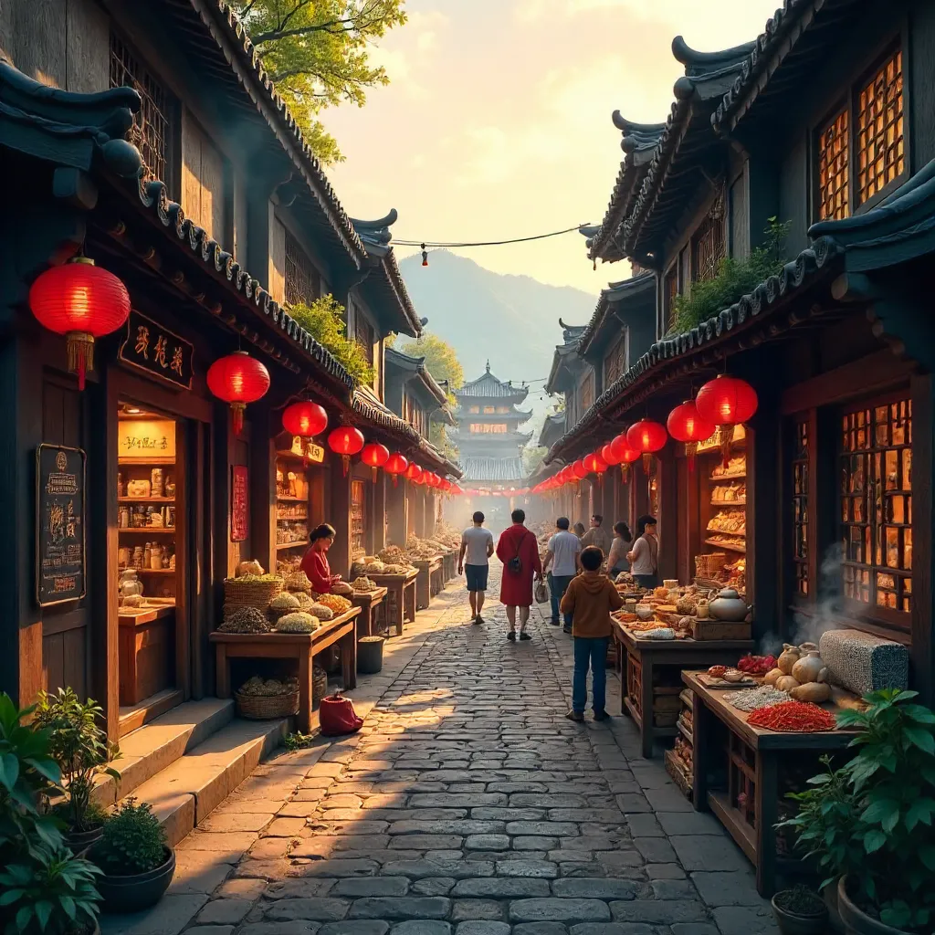 Sunlit Wooden Market Street of Old China