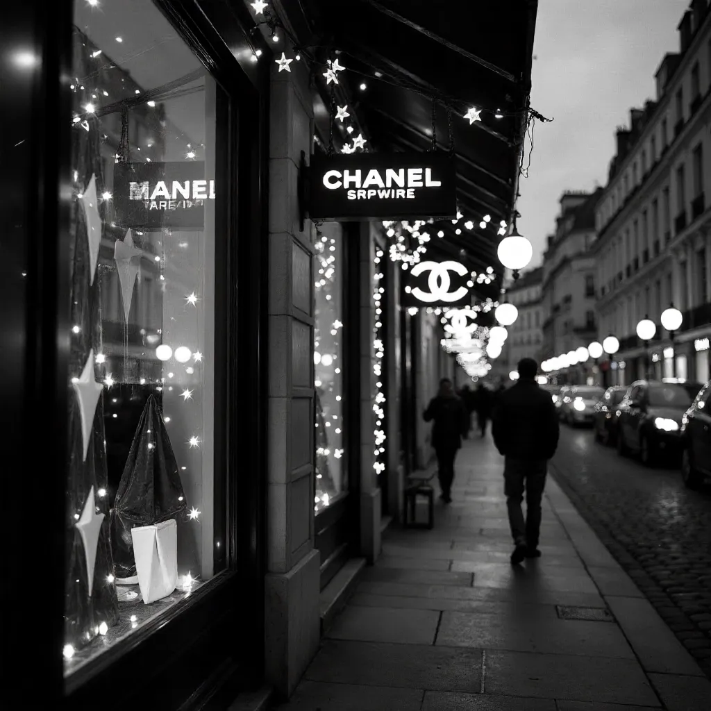 Black and White Chanel Sign in Paris with Star Garlands