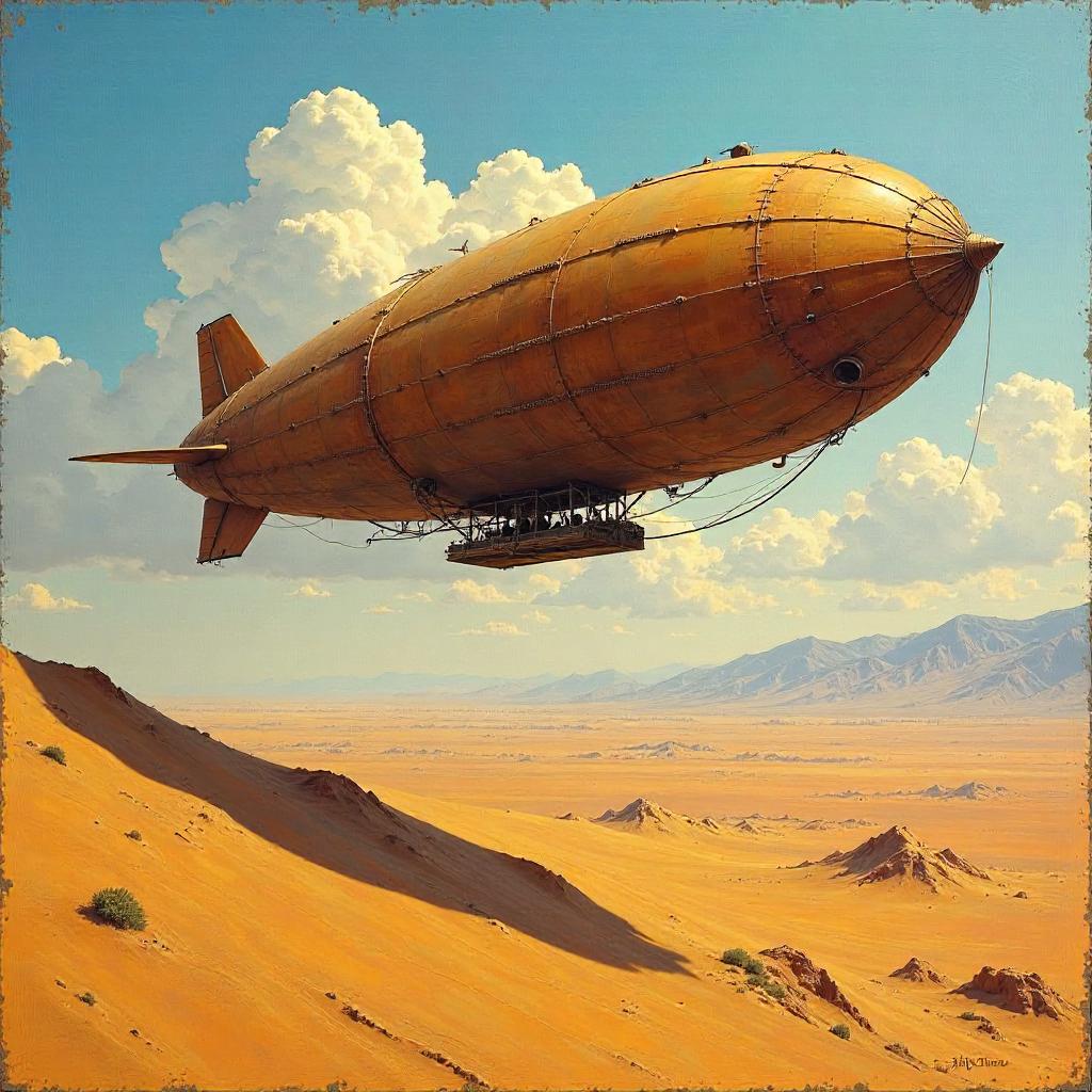 Airship Over Desert Dunes in Oil Painting