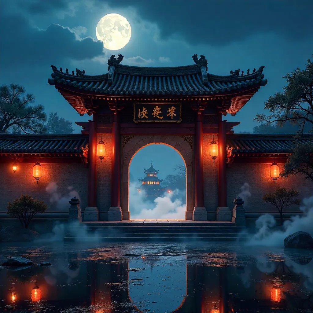 Moonlit Chinese Temple Gate with Red Lanterns
