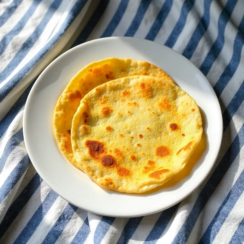 Two Corn Tortillas on White Plate with Striped Textile