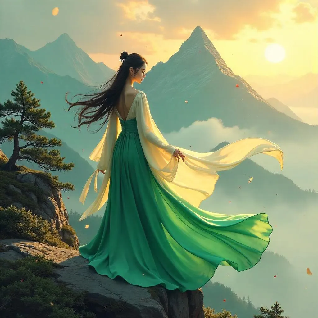 Graceful Asian Woman in a Misty Mountain Range