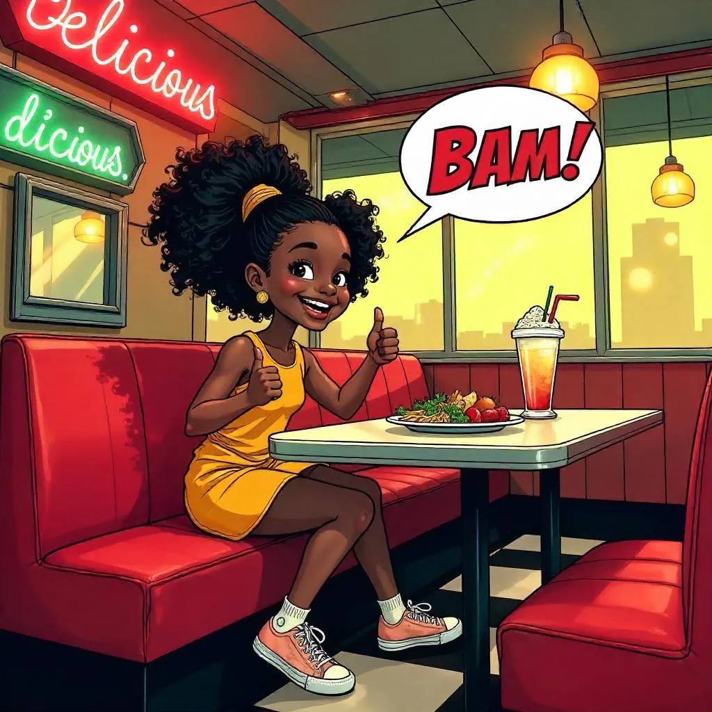 Cheerful Black Girl in a Neon Diner – Comic Style
