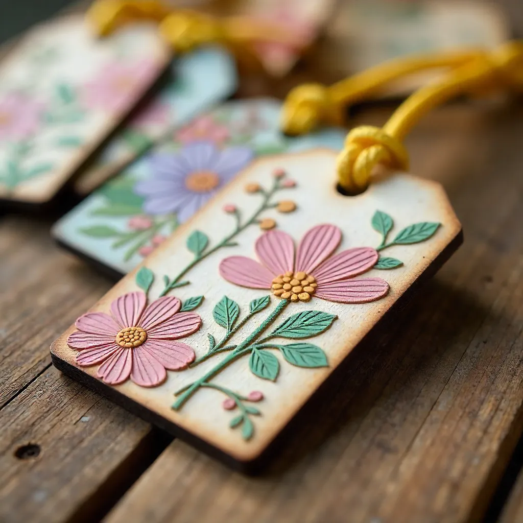 Floral Wooden Tags with Yellow String on Wood