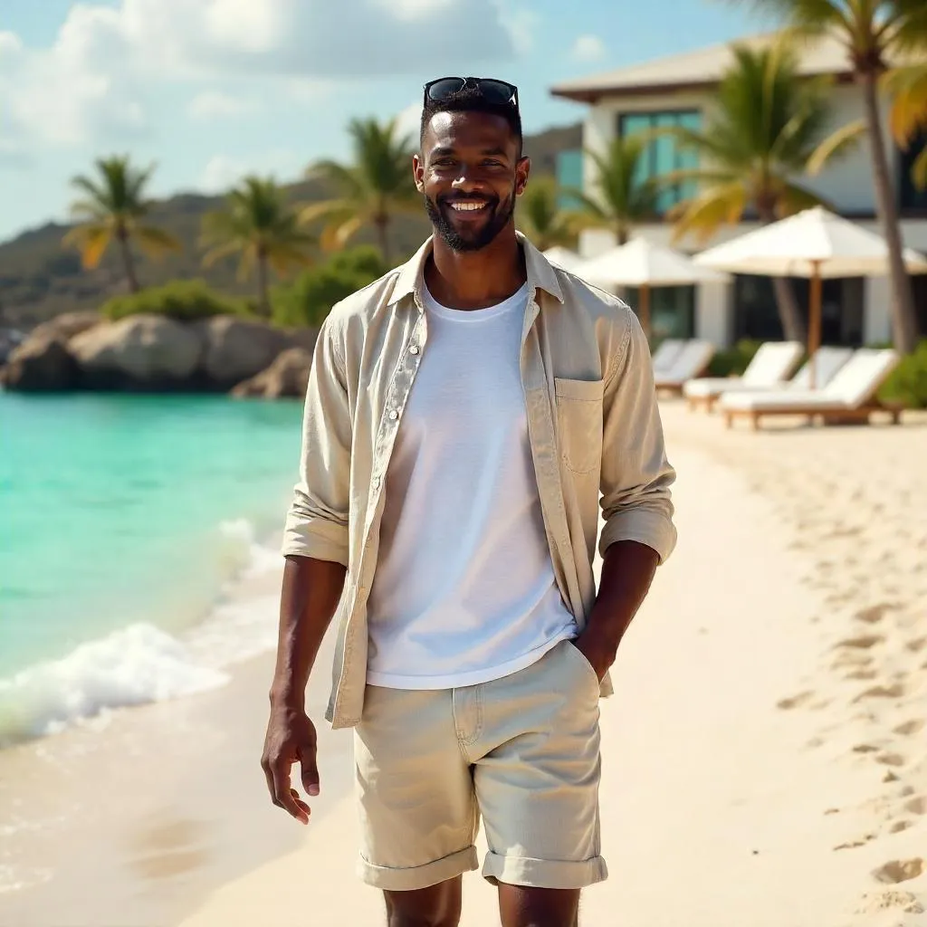 Handsome Black Man at a Tropical Beach Resort