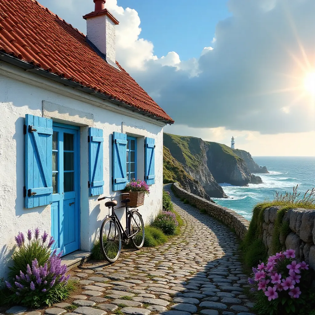 Blue Shuttered House and Bicycle on Ouessant Island