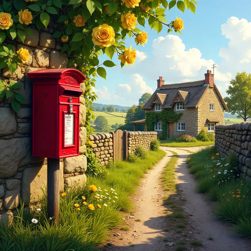 Dolmans Farm: Red Postbox and Roses by Stone Wall