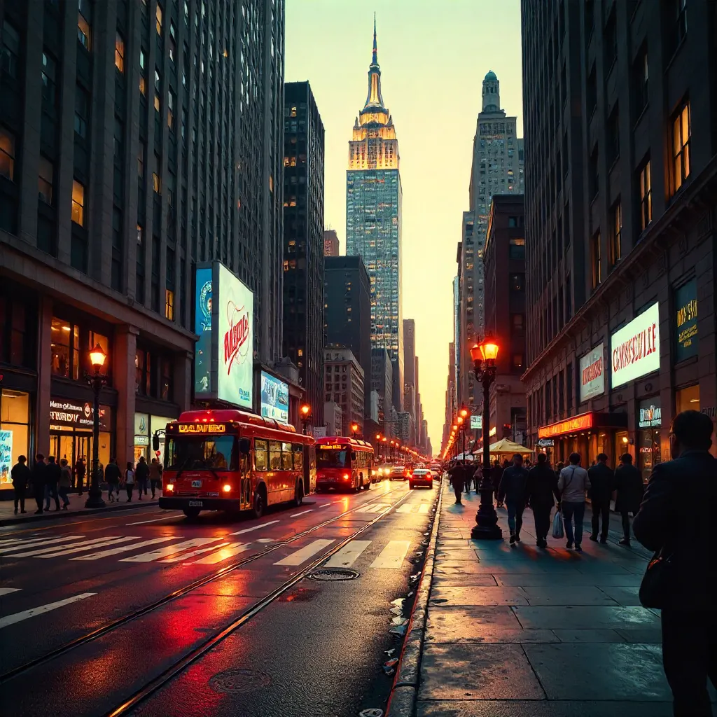 Chrysler Building Amid Bustling NYC Red Bus Lanes