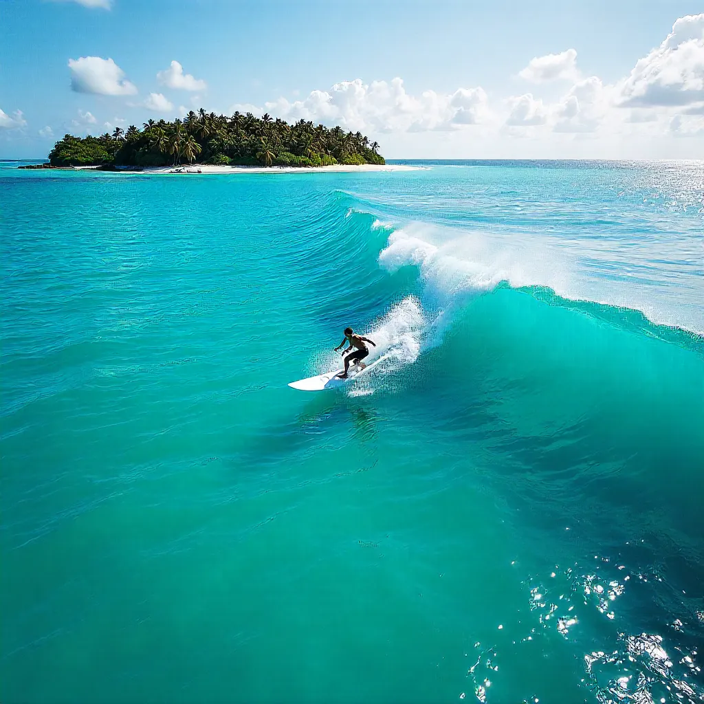 Aerial Surfer Rides Bright Blue Waves Over Fuvahmulah